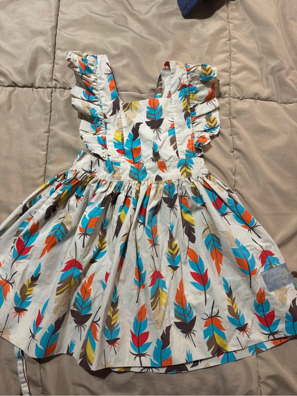 Girls Eleanor Rose Feather-Print Ruffle Sleeve Dress - White/Multi